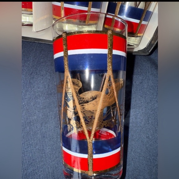 Antique House Art Elegant Gold and Red Drum Design Glass Set of 8 Red White Blue - Picture 8 of 15